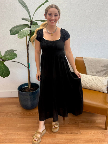 Black Tiered Puff Sleeve Dress