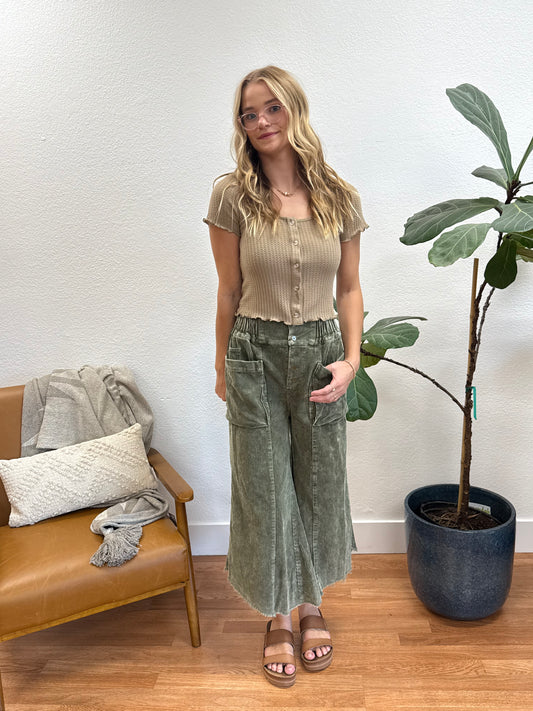 Olive Cropped Corduroy Wide Leg Pants