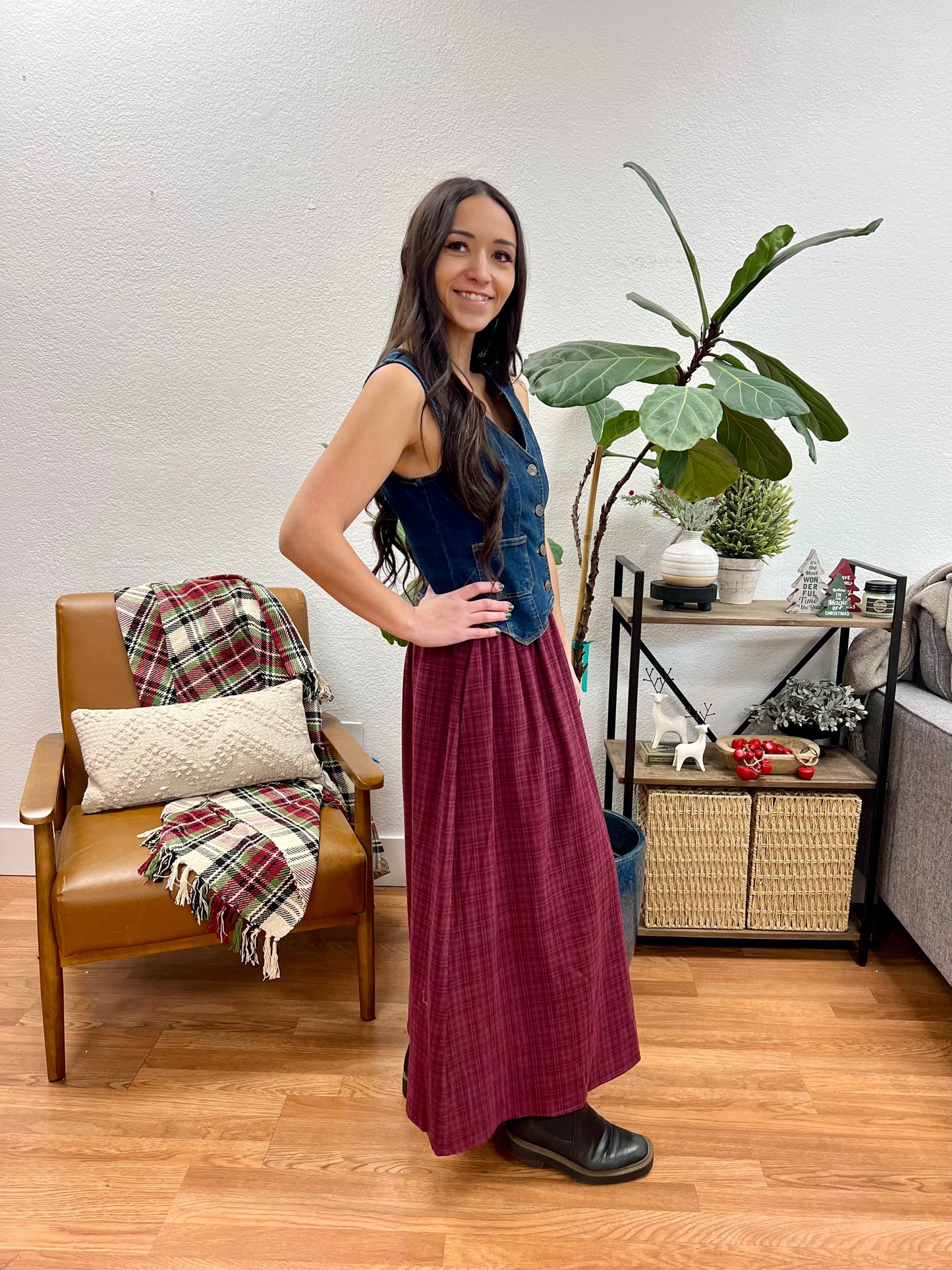 Red Plaid Pocket Midi Skirt