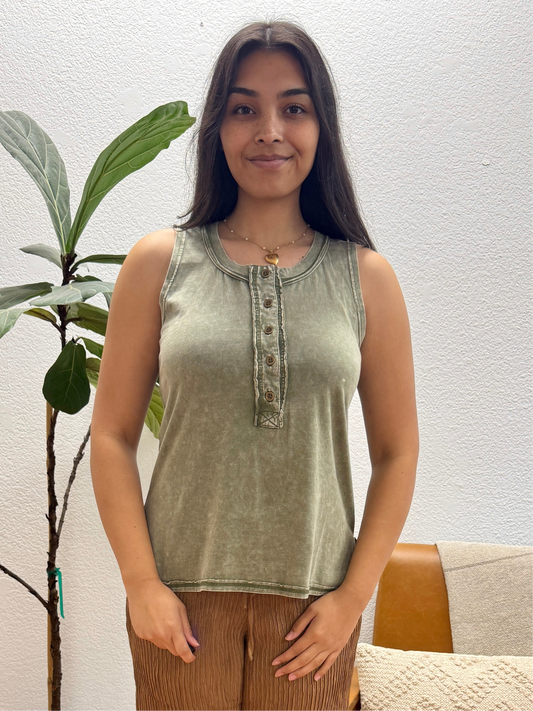 Olive Washed Henley Tank