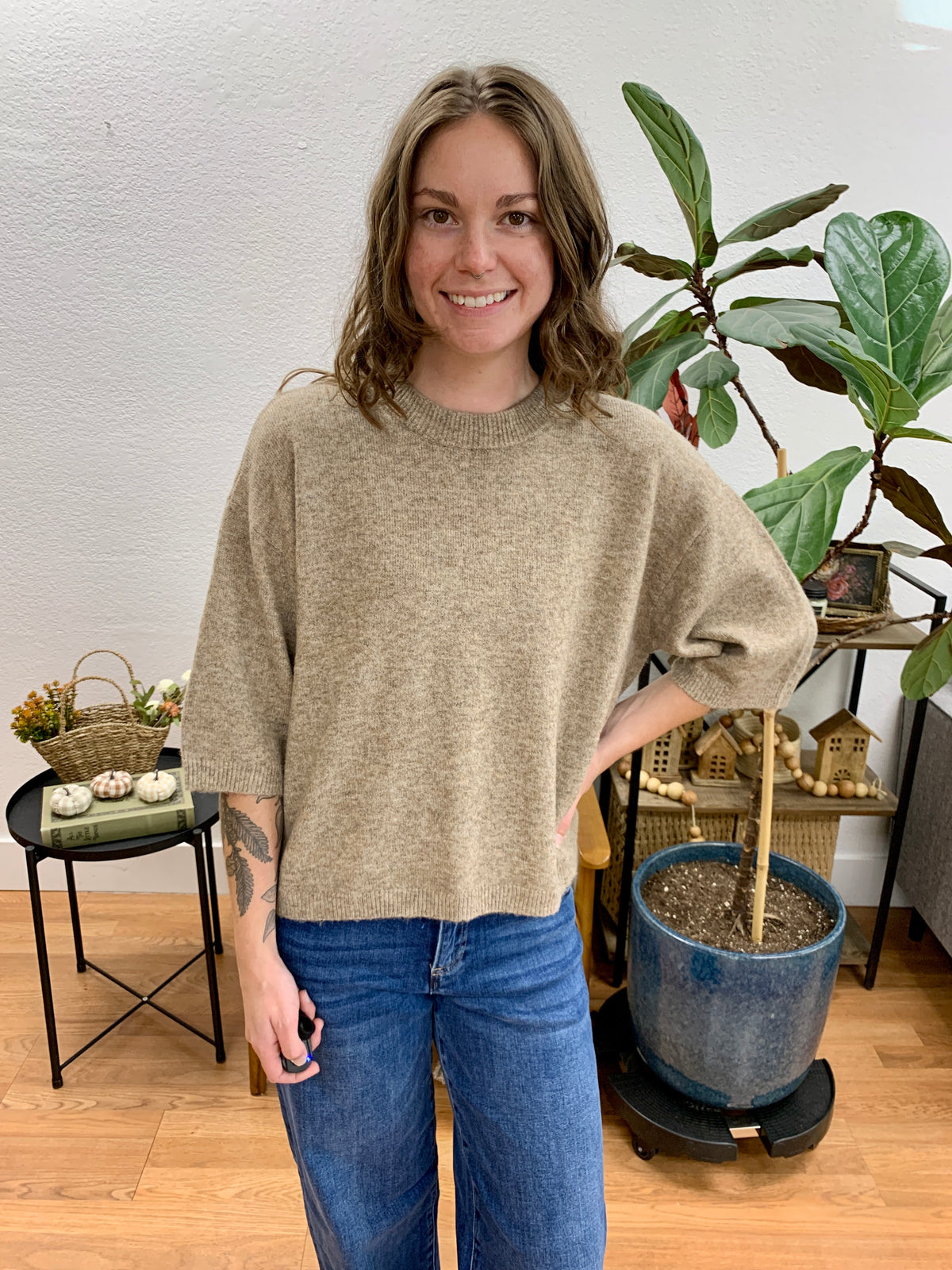 Tan Heathered Boxy Pullover