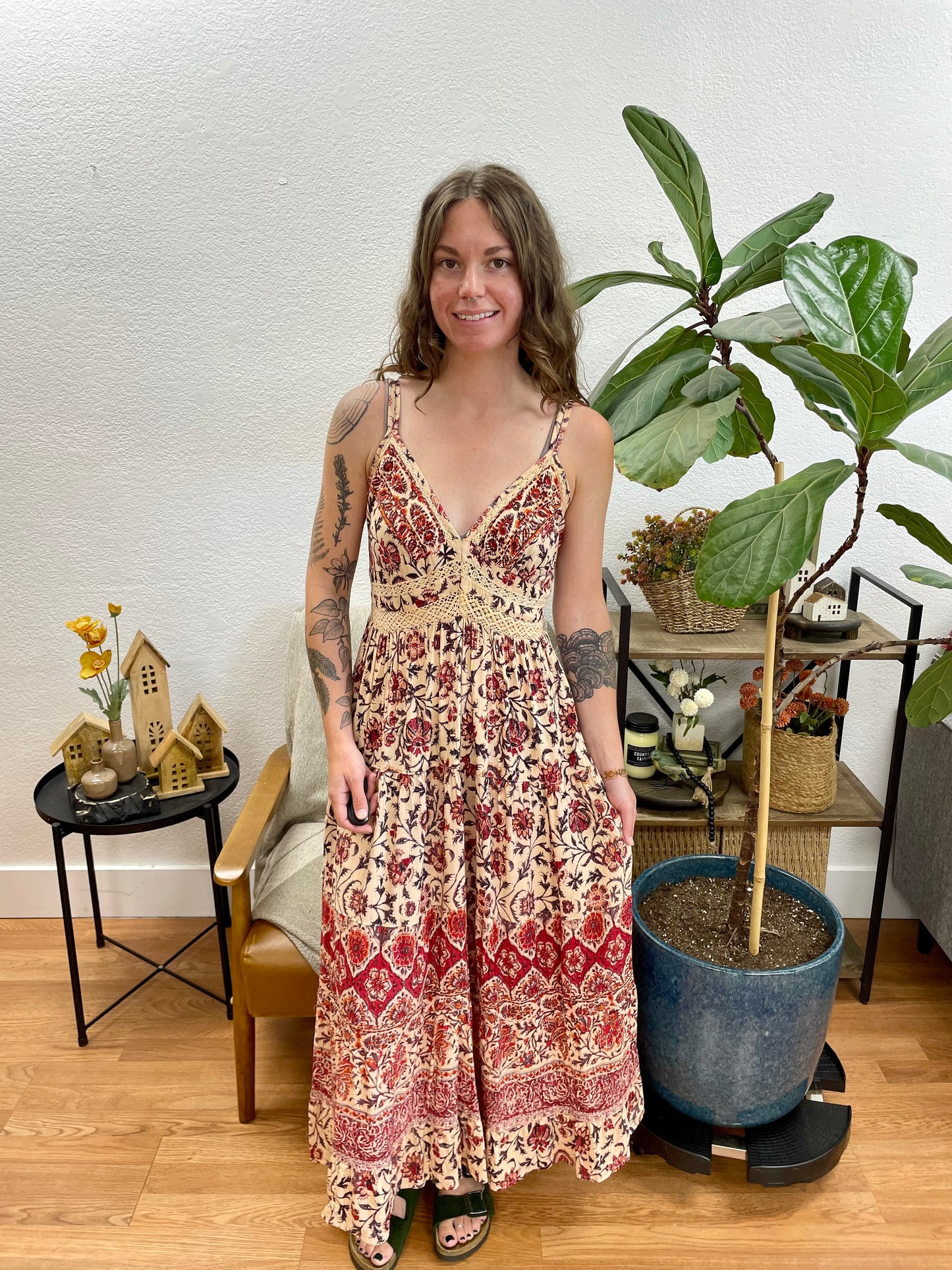 Rust Printed Lace Trim Maxi Dress