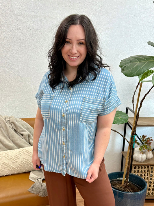 Chambray Stripe Front Pocket Button Down Top