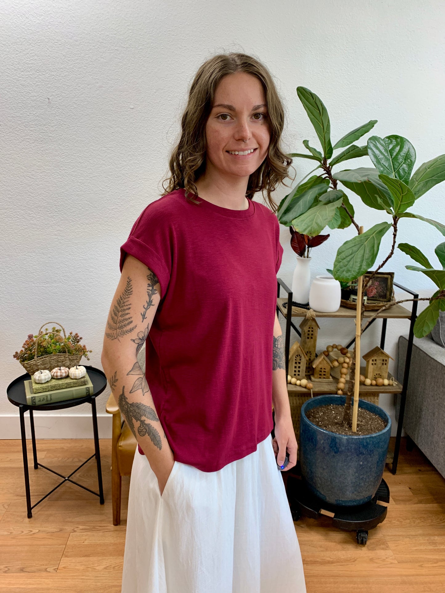 Wine Modal Rolled Sleeve Tee