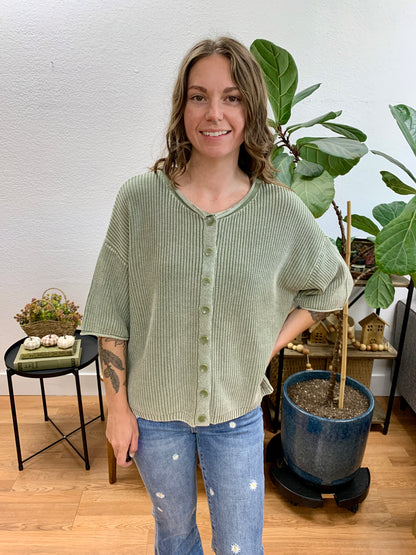 Olive Washed Ribbed Cardigan