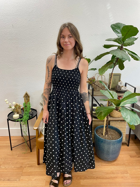 Black Polka Dot Basque Waist Midi Dress