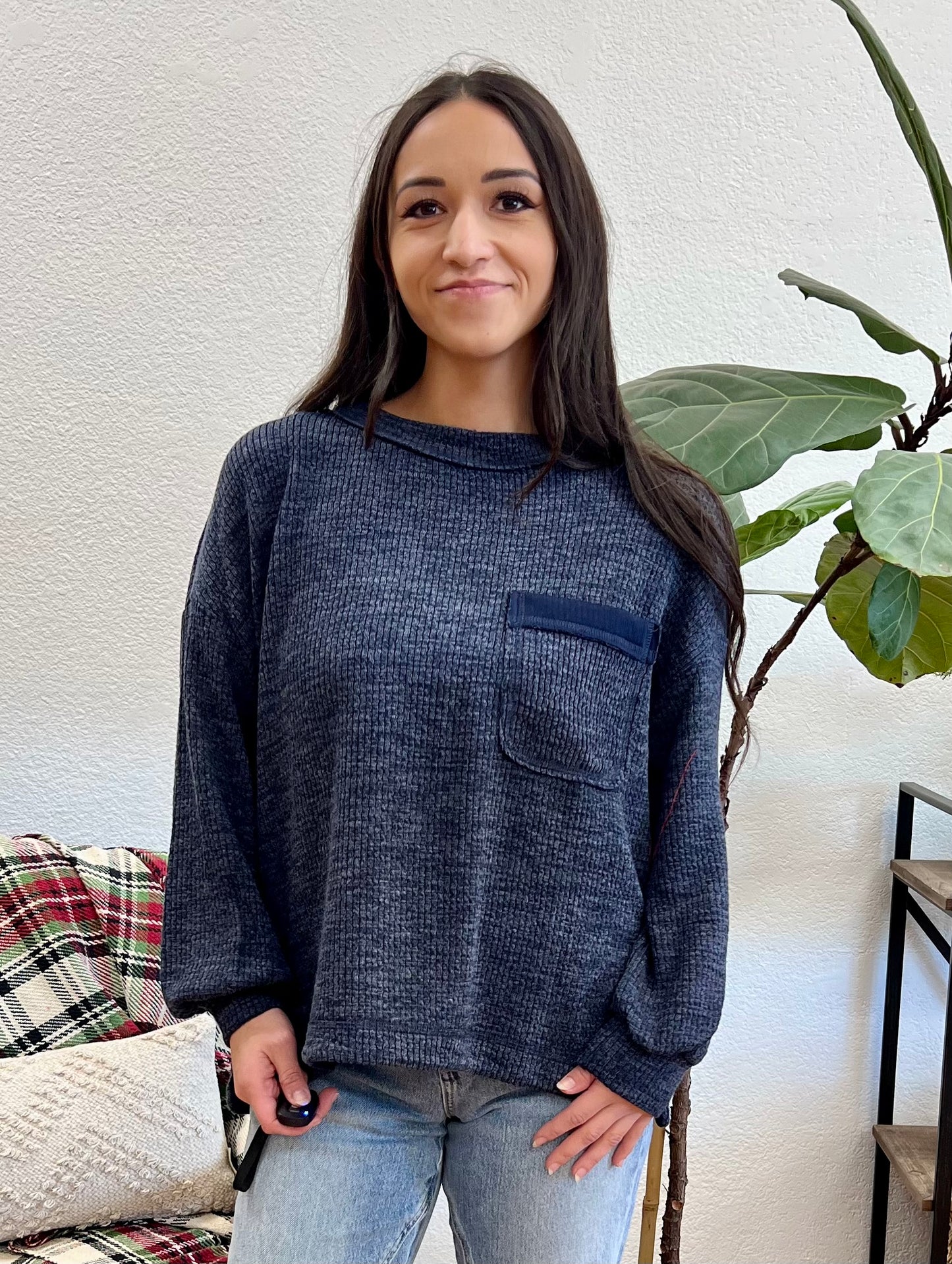 Navy Ribbed Pocket Pullover