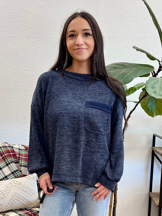 Navy Ribbed Pocket Pullover