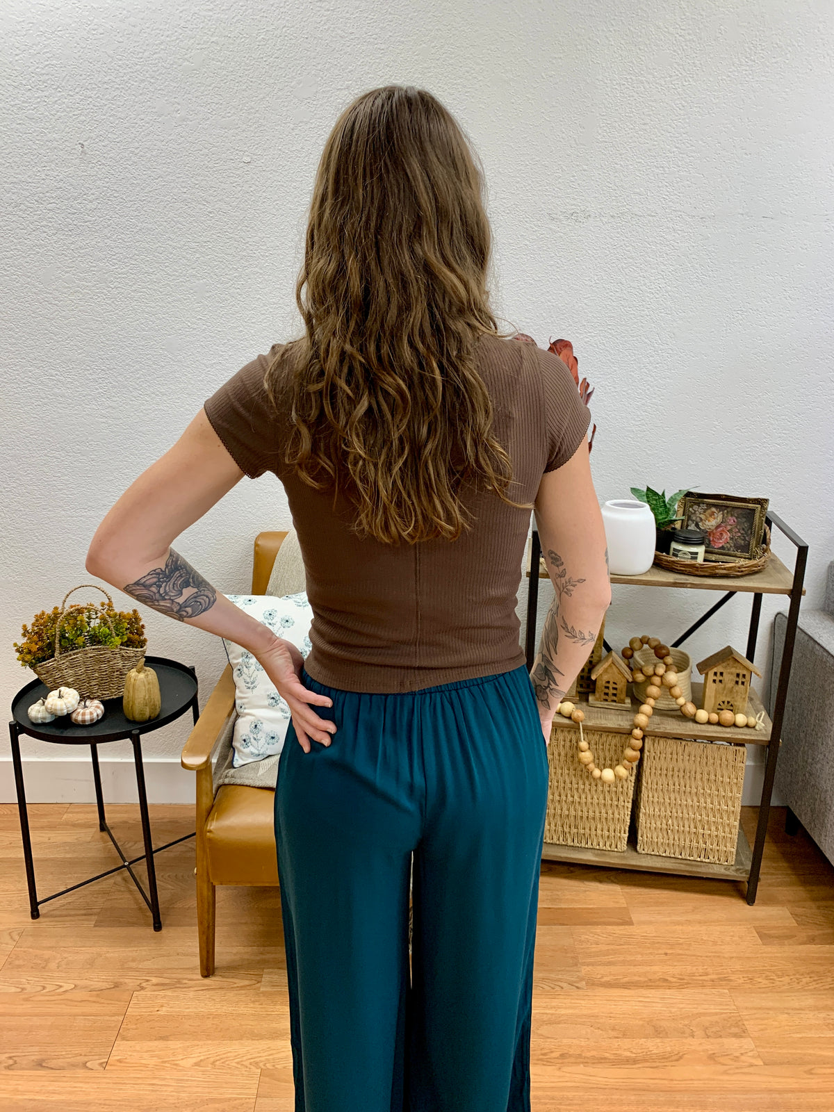 Brown Ribbed Button Front Knit Top