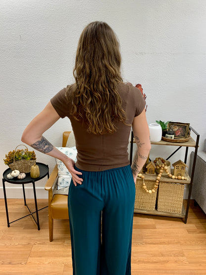 Brown Ribbed Button Front Knit Top
