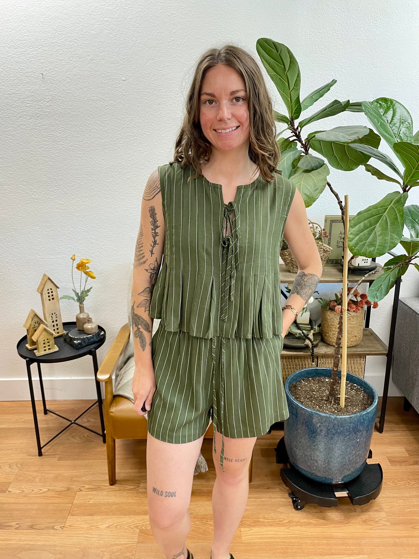 Olive Linen Striped Shorts