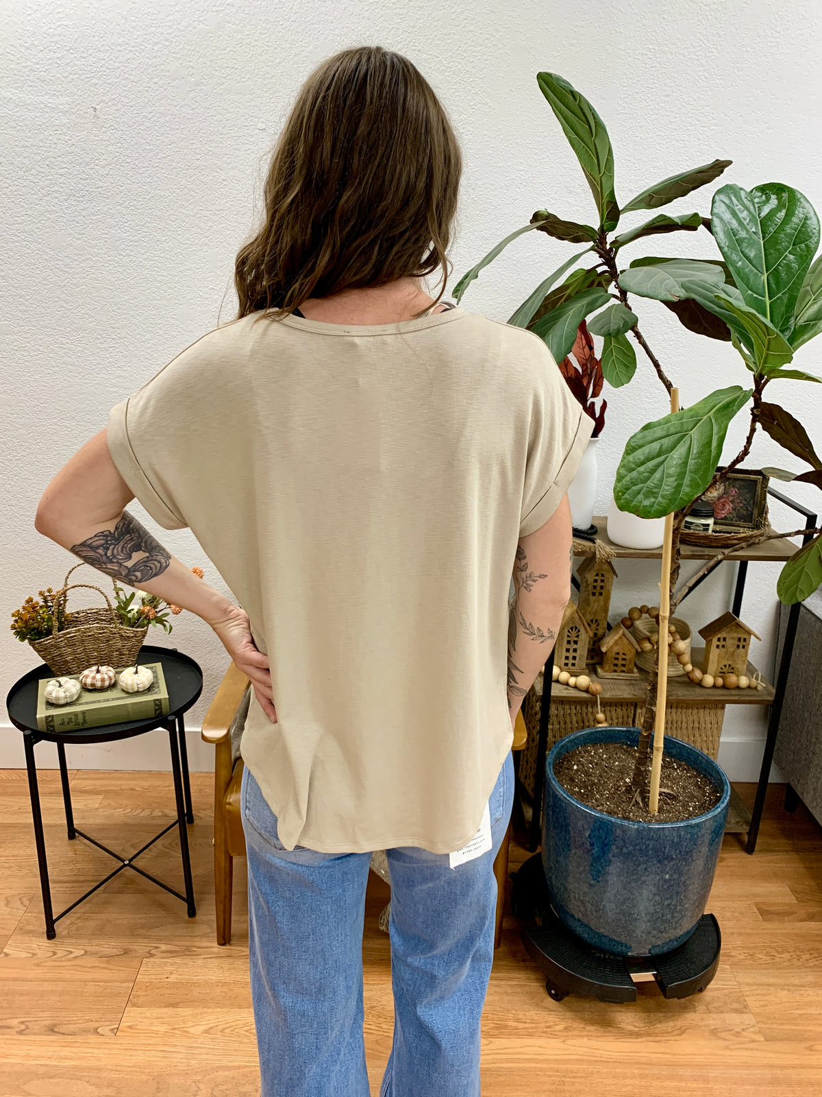 Bone Relaxed Top With Cuff Sleeves