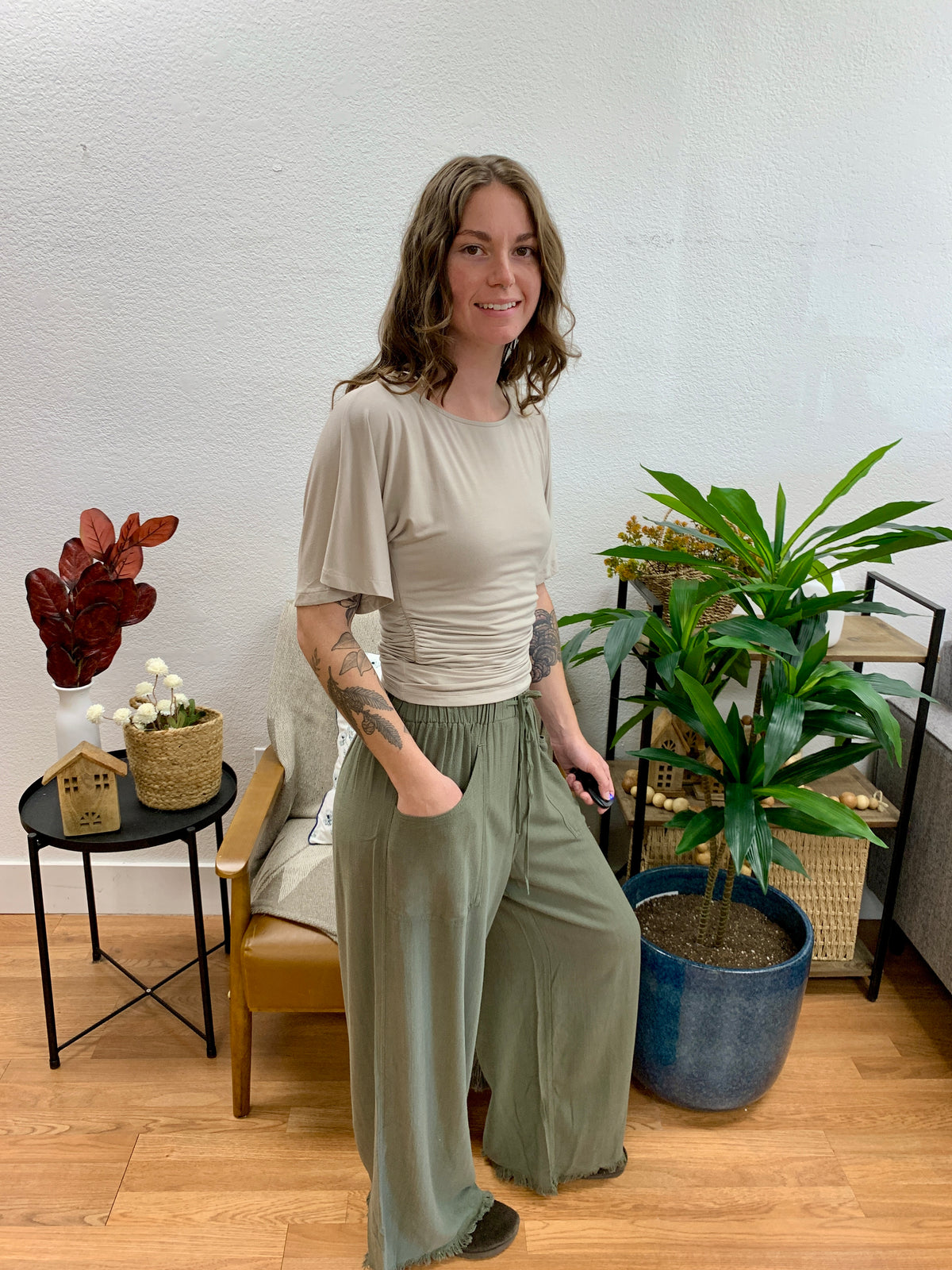 Olive Frayed Linen Blend Pants