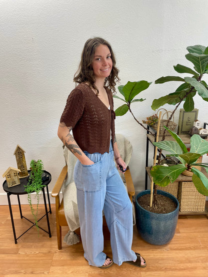 Denim Smocked Barrel Pants