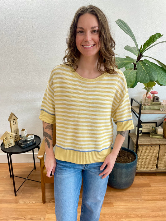 Butter Yellow Stripe Raw Edge Sweater - Terra Cottage