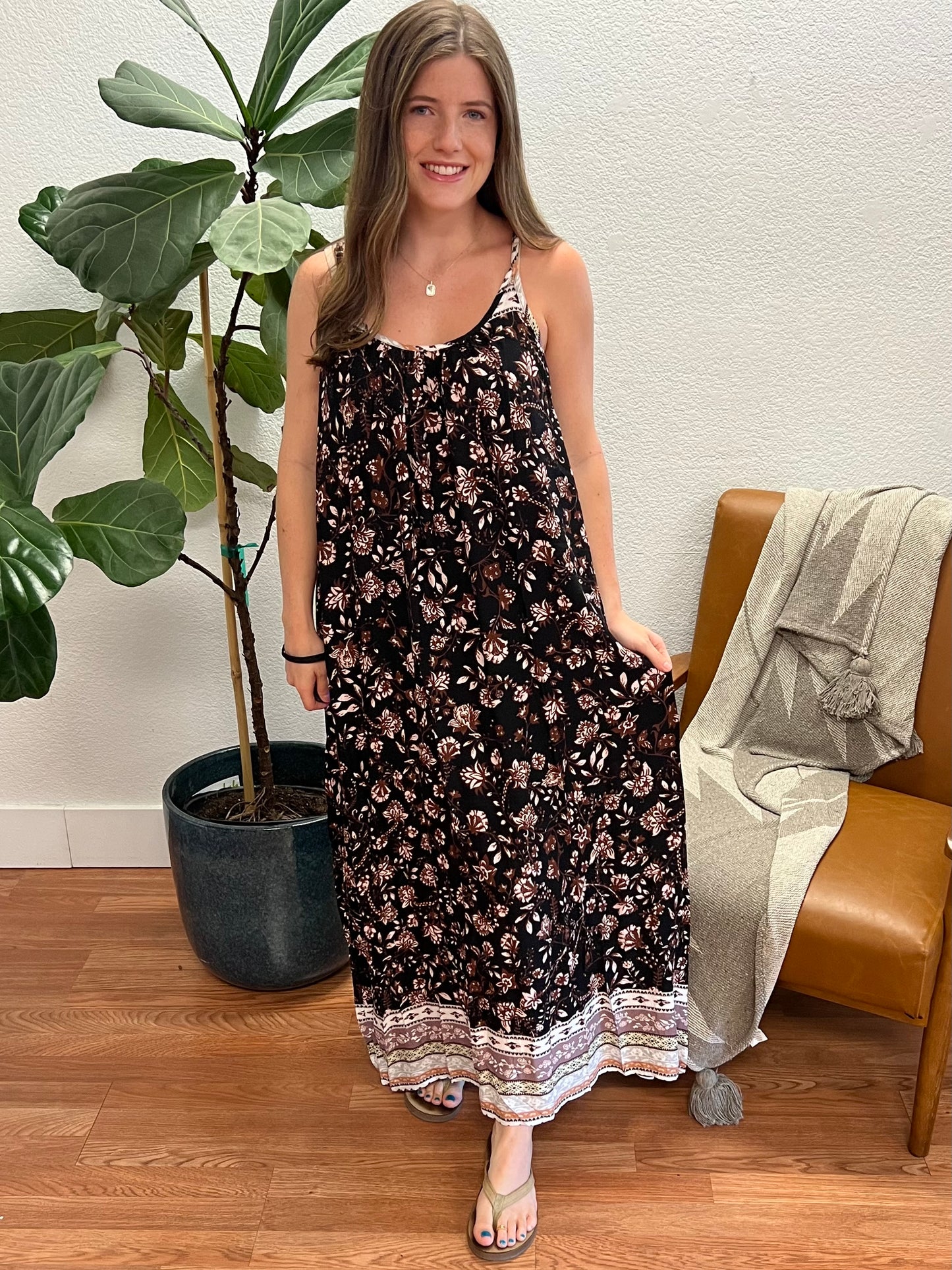 Black Floral Spaghetti Strap Maxi Dress