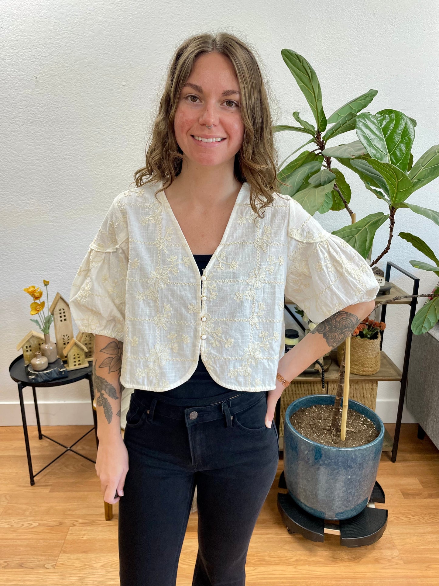 Ivory Short Sleeve Button Up Top
