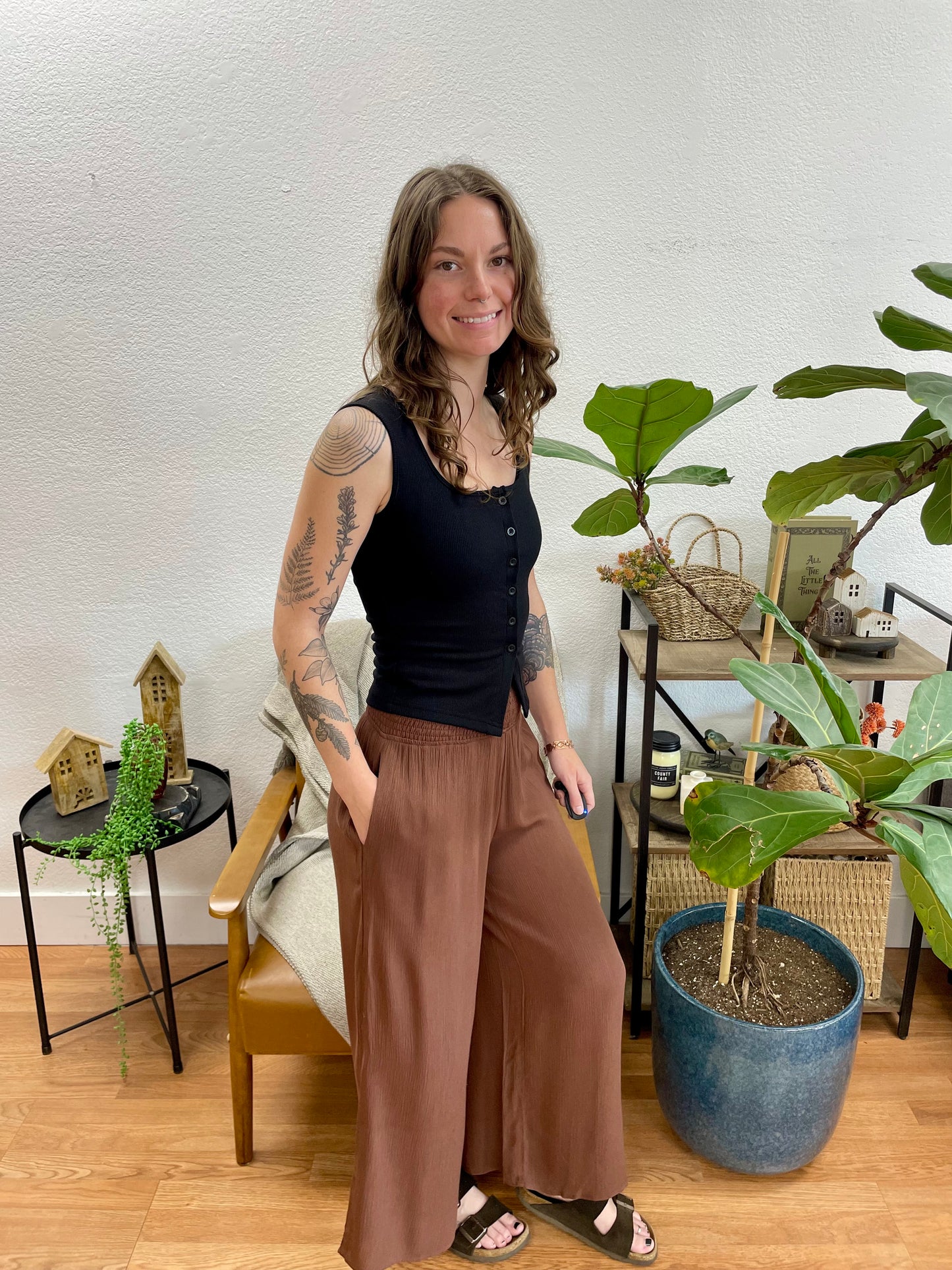 Brown Lightweight Smocked Pants