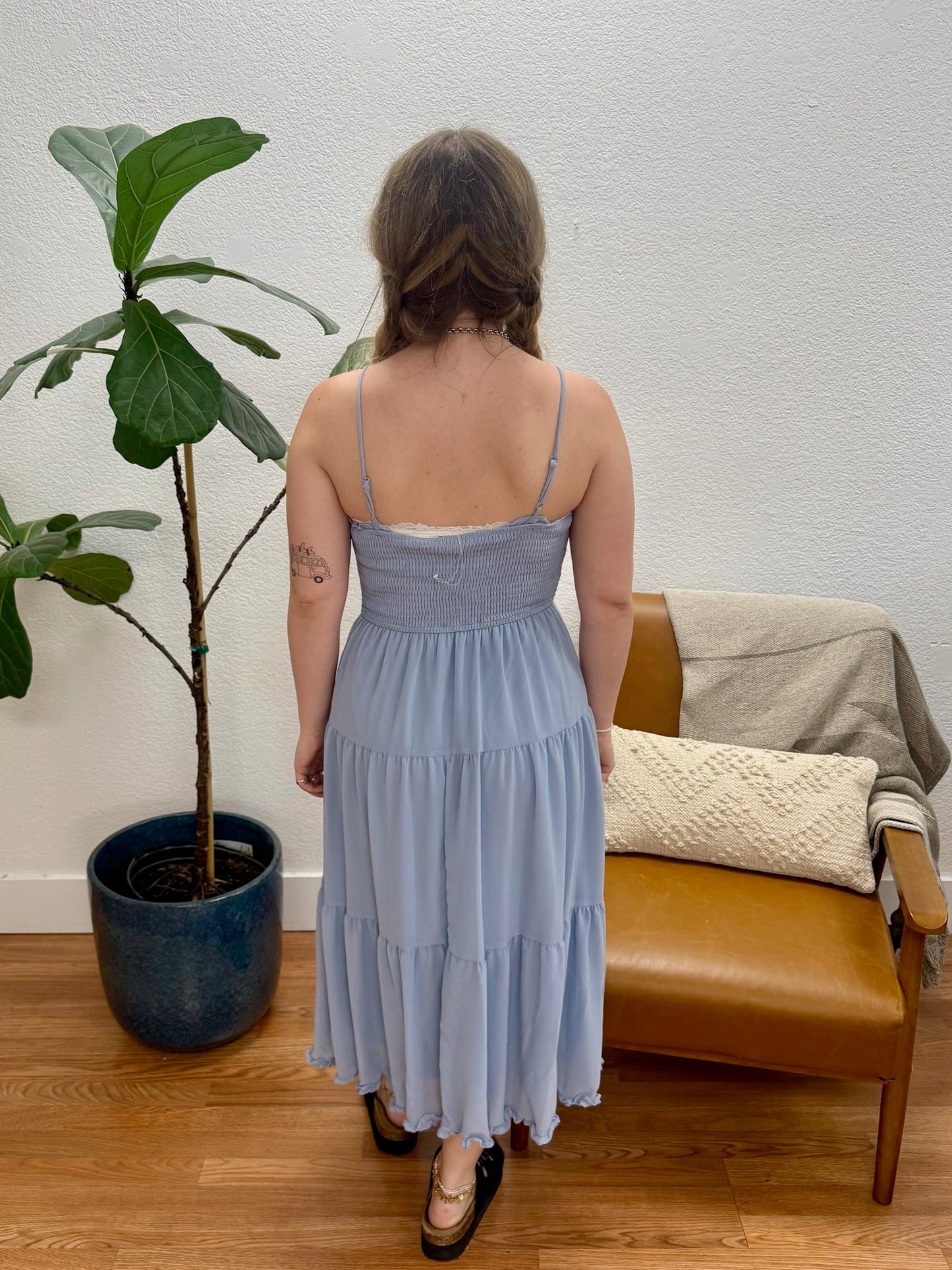 Dusty Blue Chiffon Bodice Midi Dress