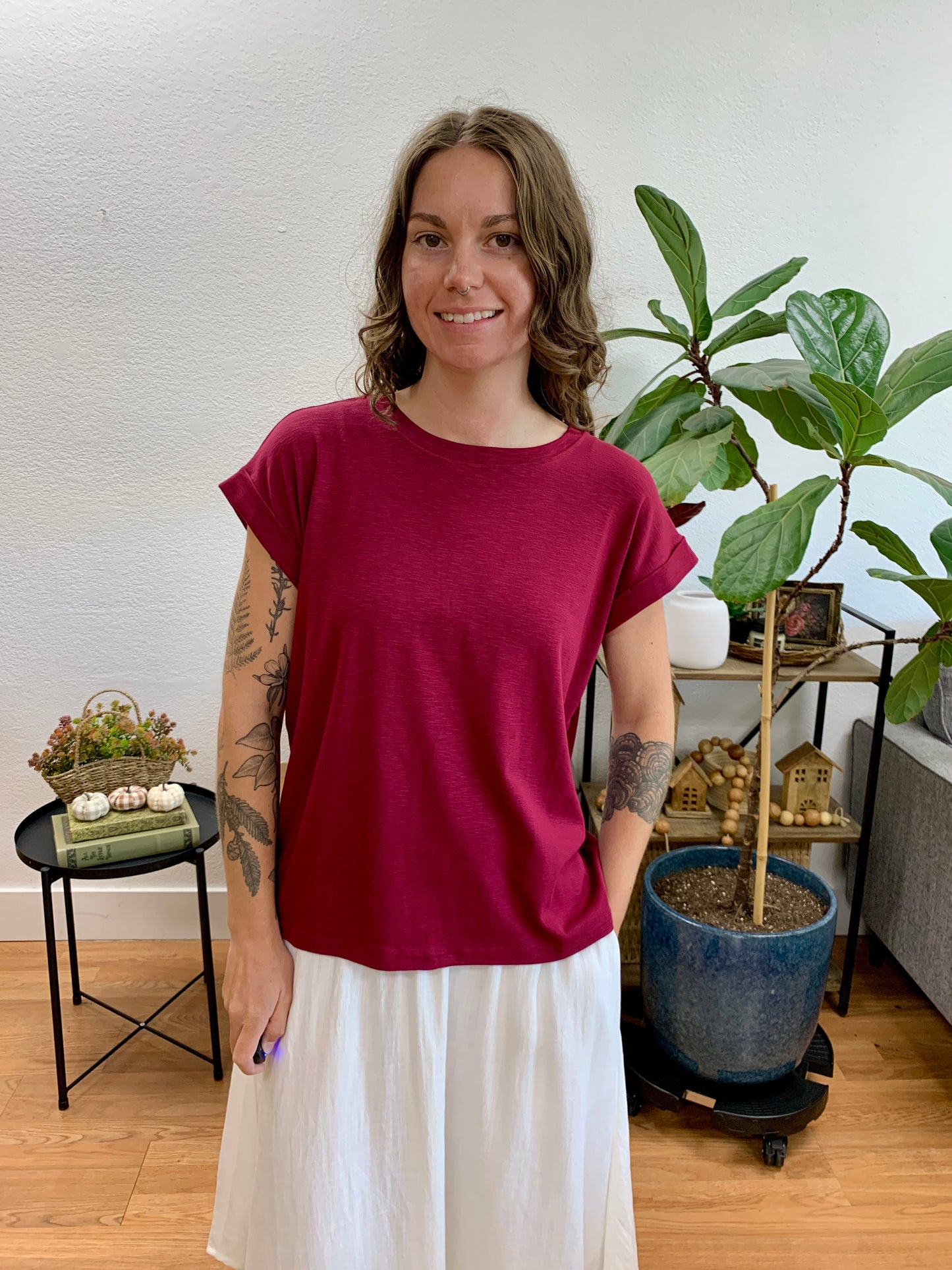Wine Modal Rolled Sleeve Tee