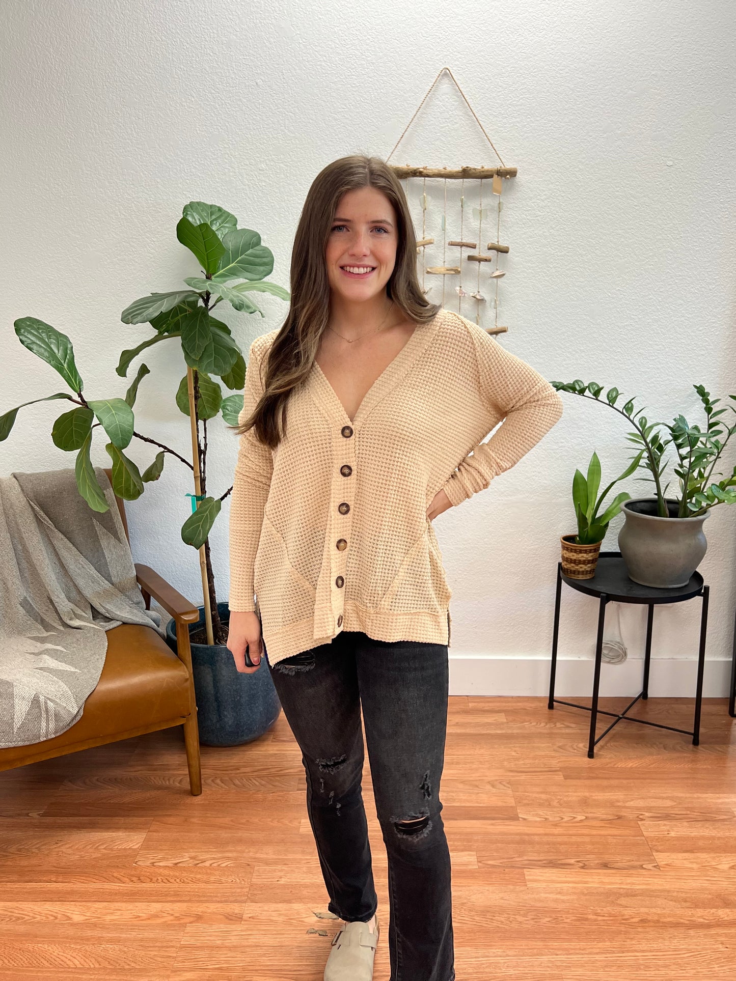 Taupe Thermal Button Cardigan