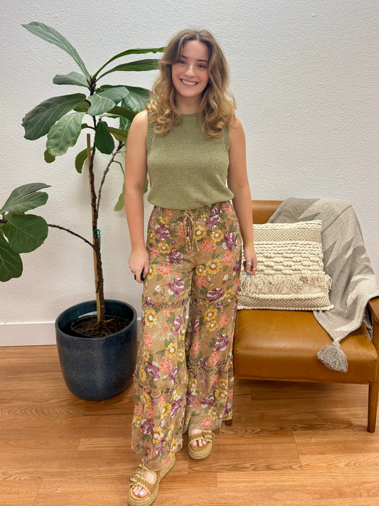 Taupe Floral Tiered Pants