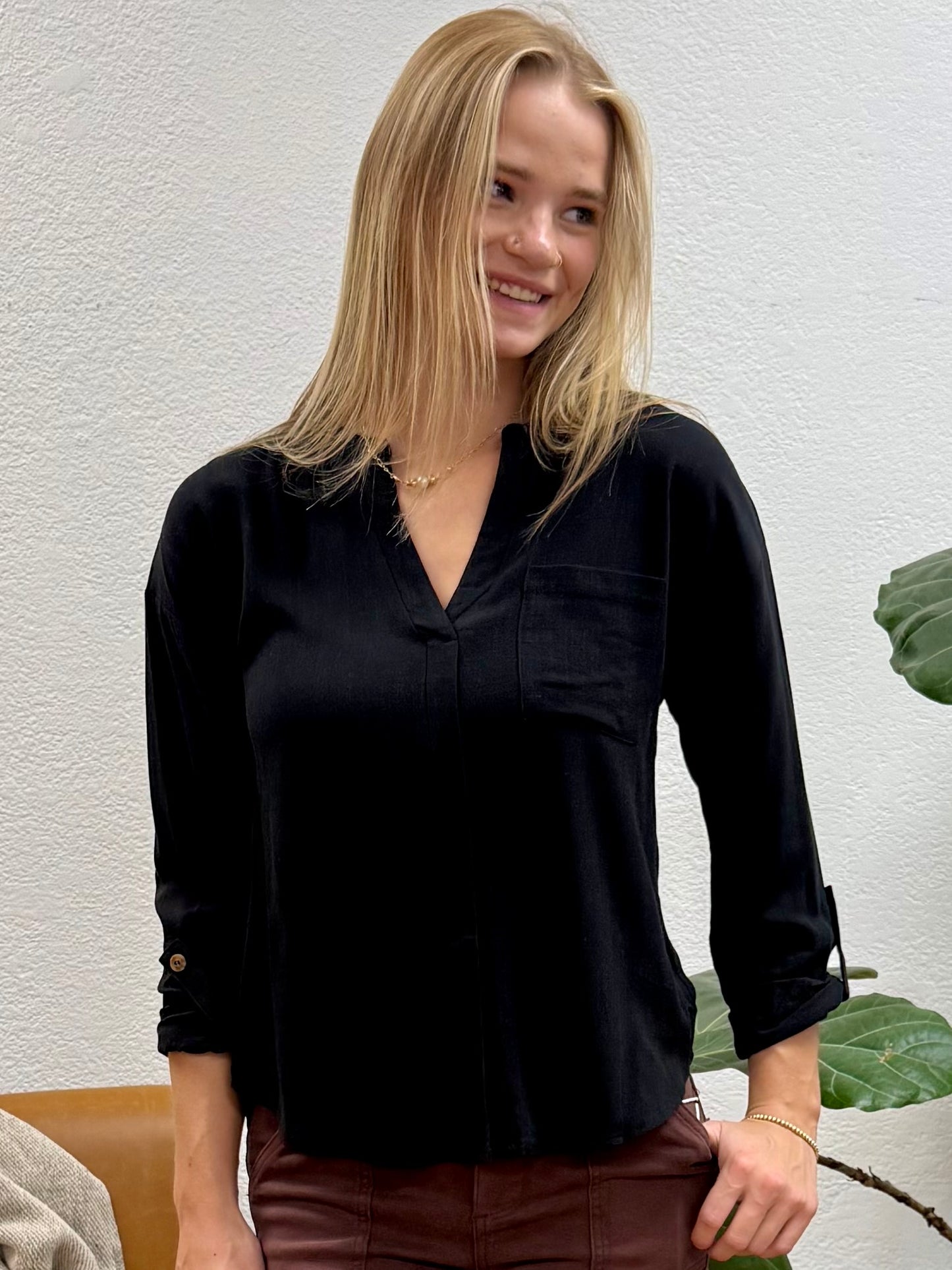Black Woven Tab Sleeve Blouse