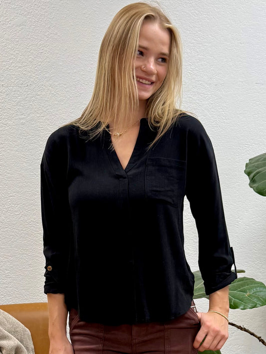 Black Woven Tab Sleeve Blouse