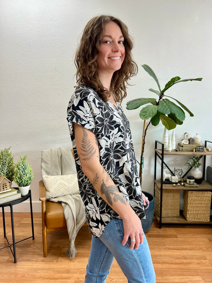 Black Floral V Neck Top