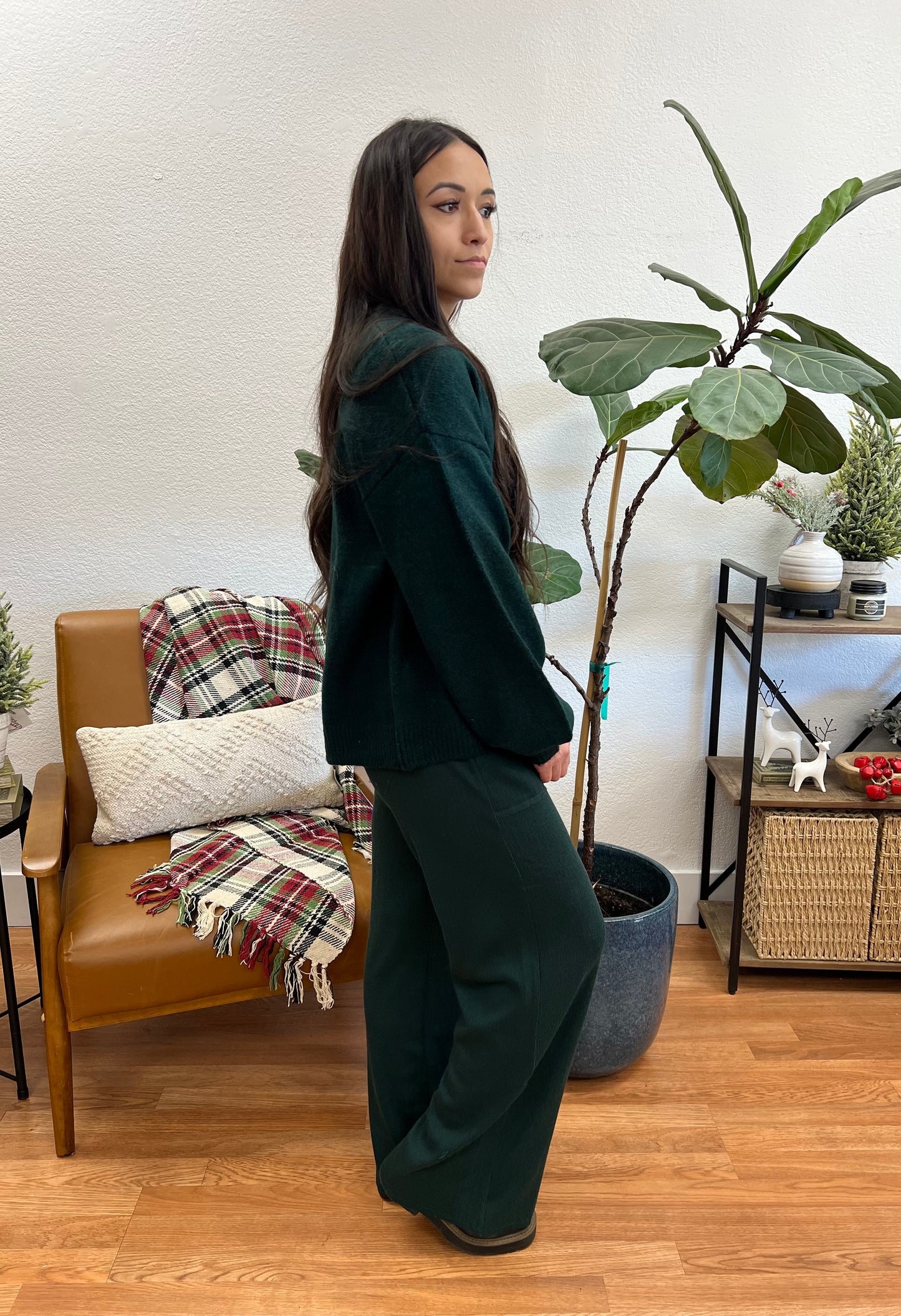 Hunter Green Textured Straight Leg Pants