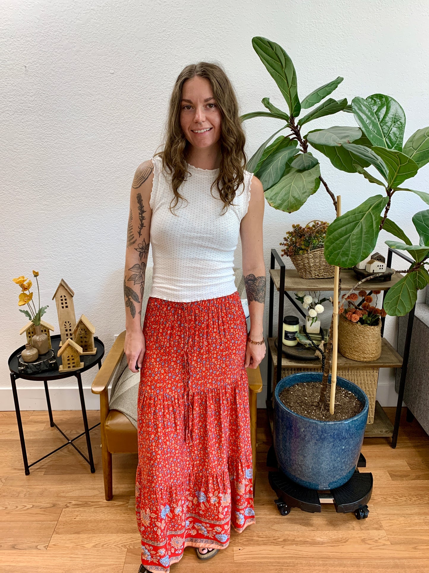 Red Border Print Maxi Skirt