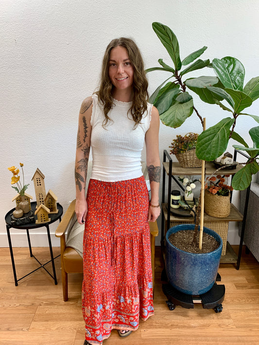 Red Border Print Maxi Skirt