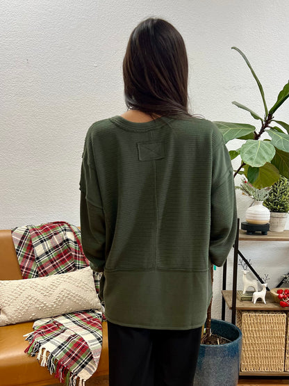 Dark Olive Patchwork Split Neck Knit Top