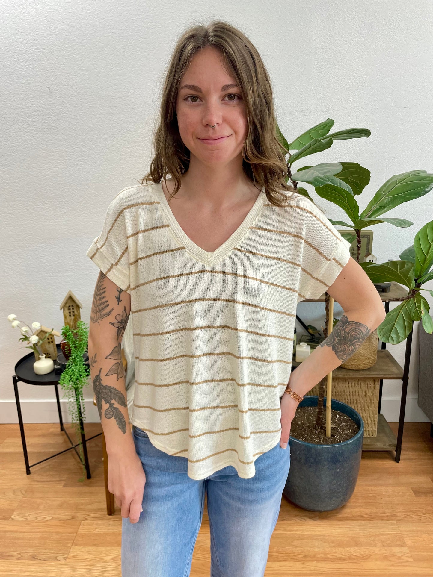 Cream Striped V Neck Knit Tee