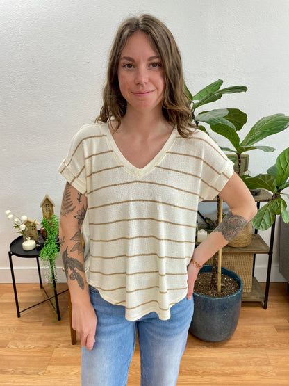 Cream Striped V Neck Knit Tee