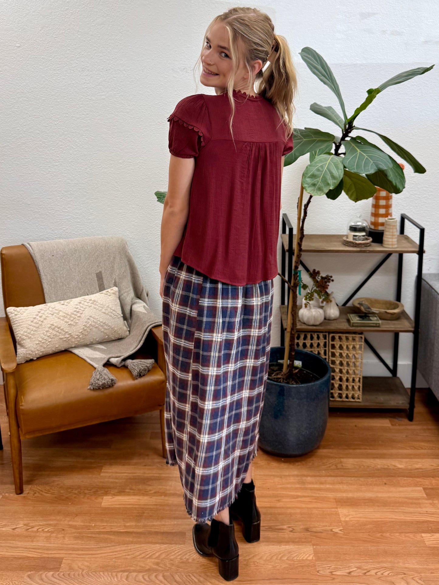 Acid Washed Plaid Maxi Skirt