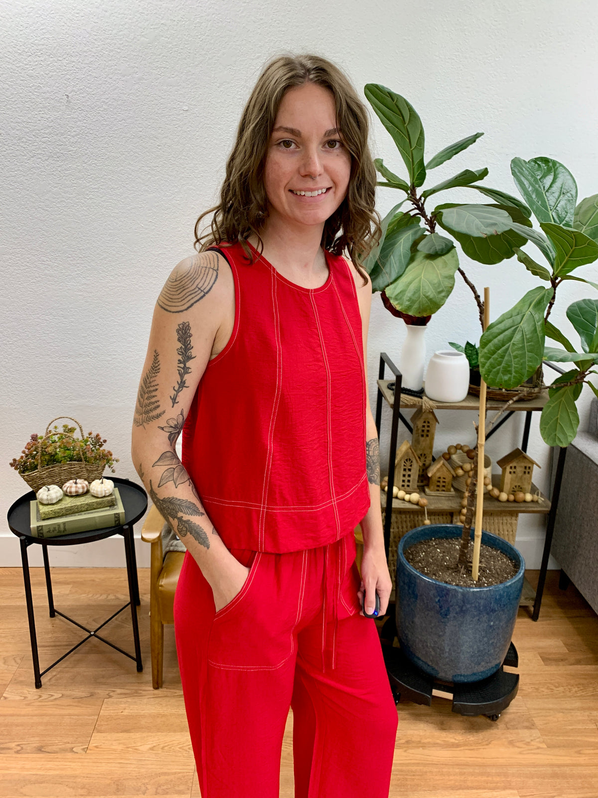 Red Contrast Stitch Tank
