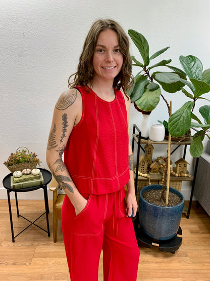 Red Contrast Stitch Tank