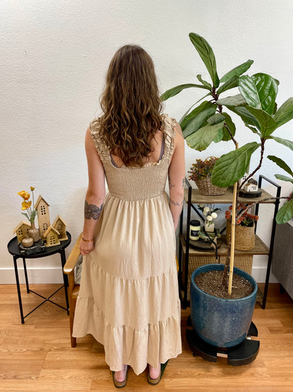Natural Smocked Tiered Ruffle Strap Dress