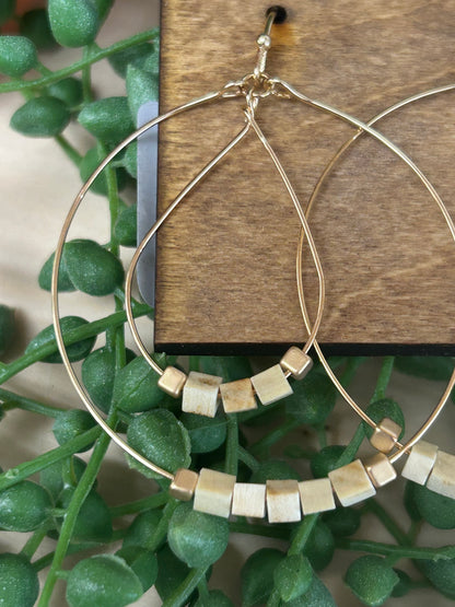 Wood And Metallic Beaded Hoop Tear Layered Dangle Earrings