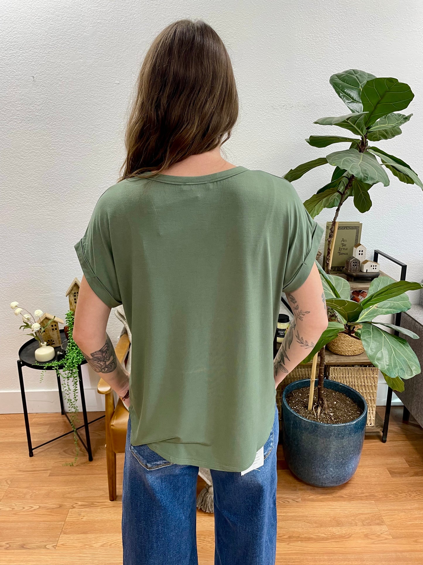 Olive Crew Neck Rolled Sleeve Top