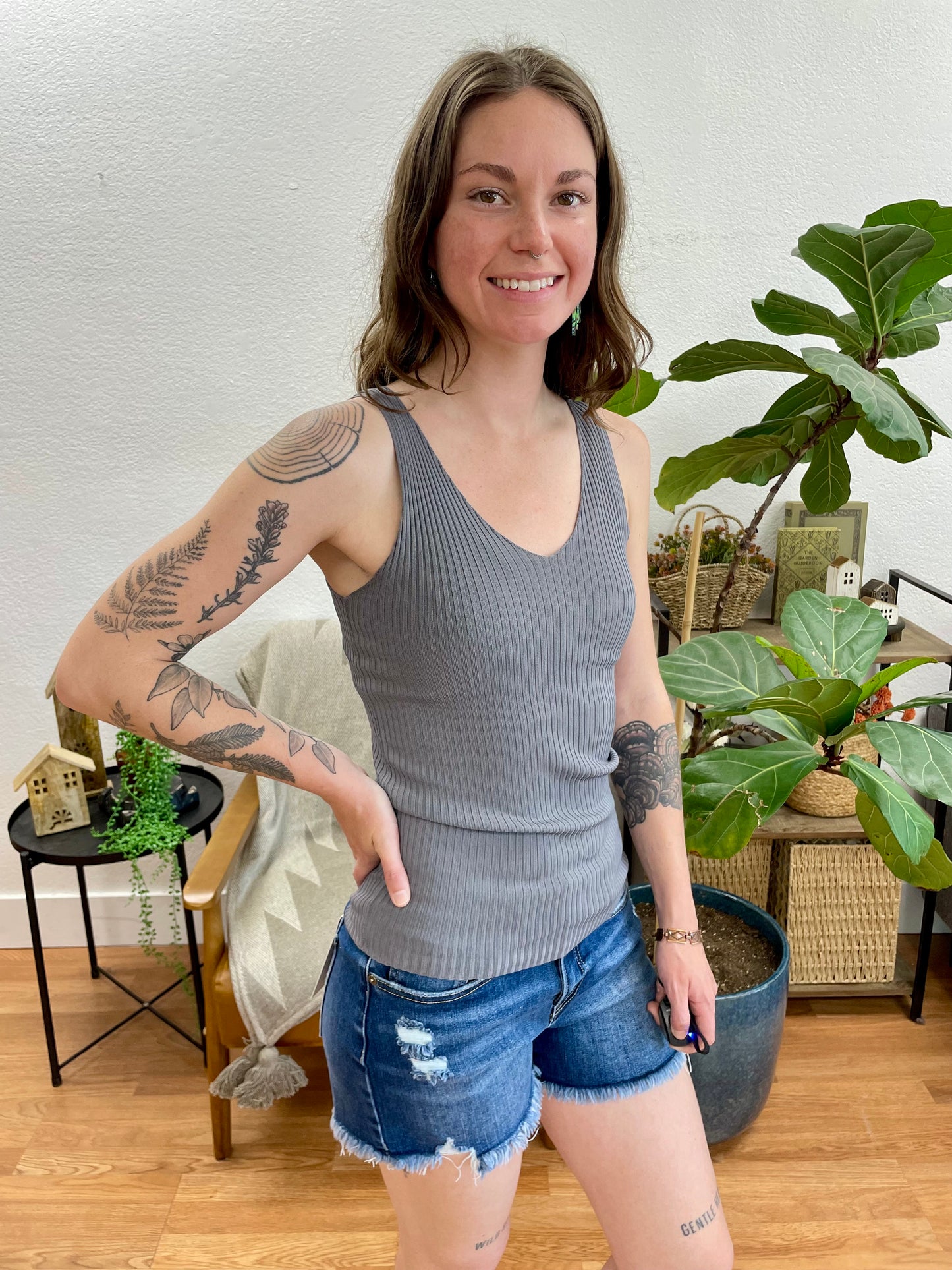Charcoal Ribbed V Neck Tank
