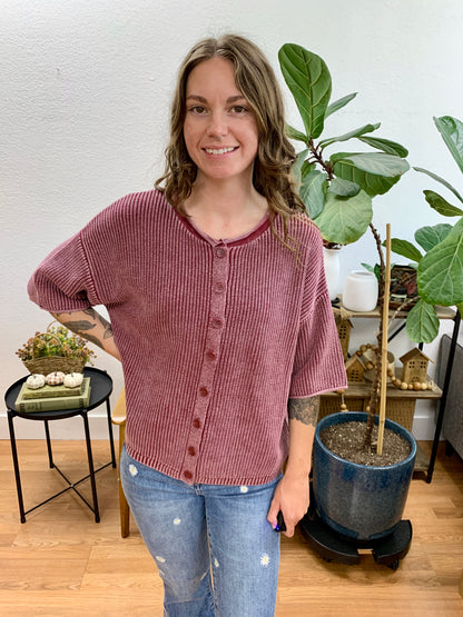 Burgundy Washed Ribbed Cardigan