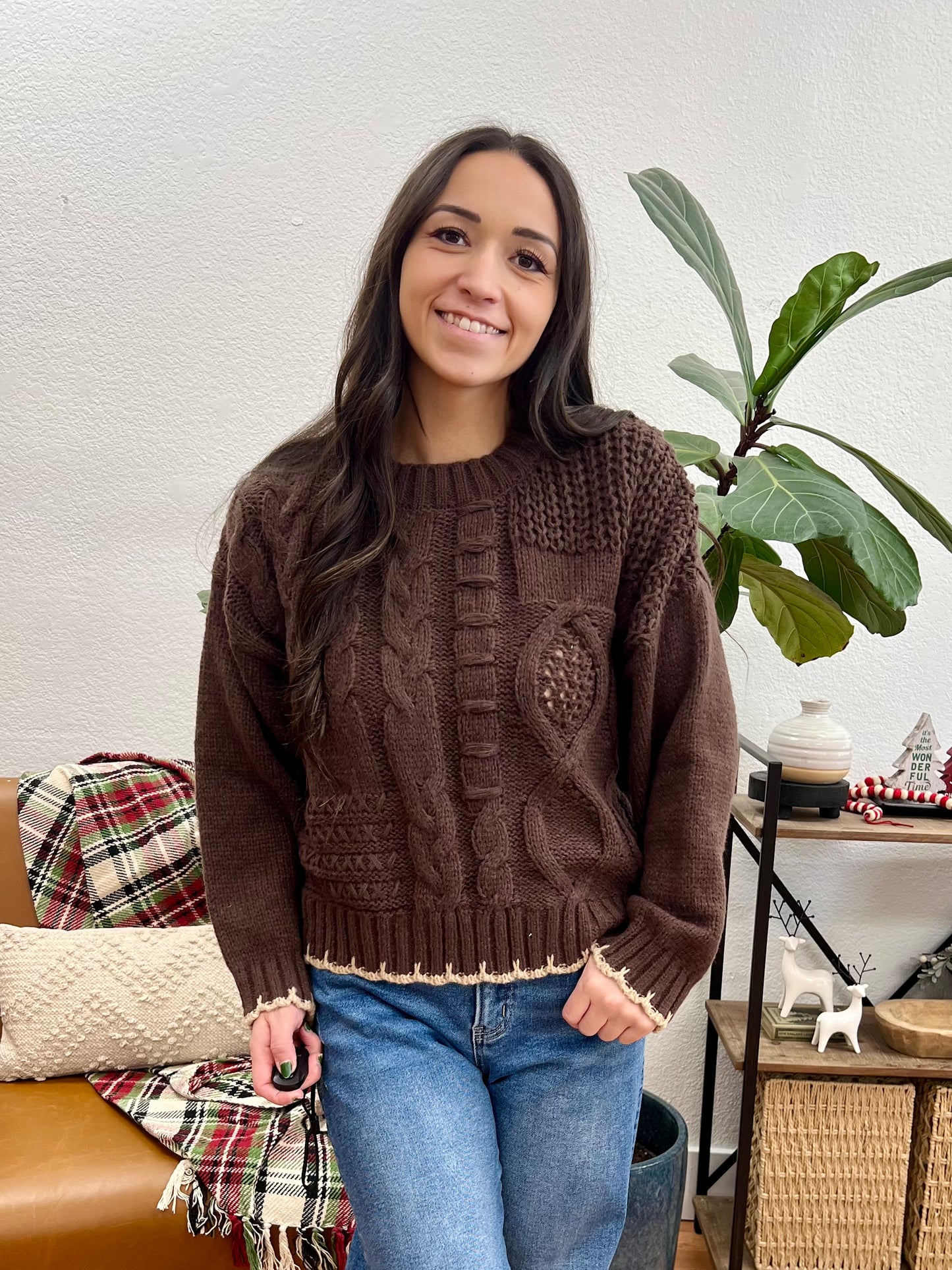 Brown Contrast Stitch Sweater