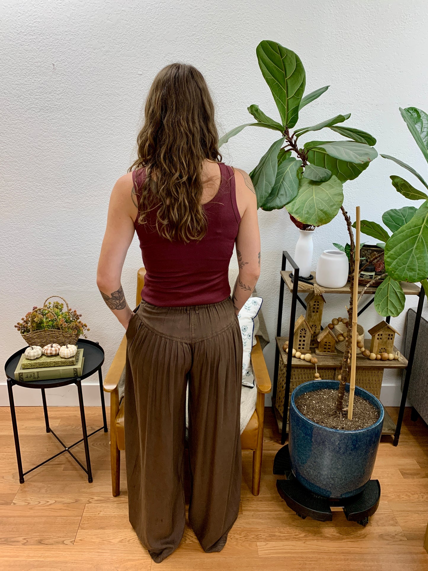 Brown Acid Wash Wide Leg Pants