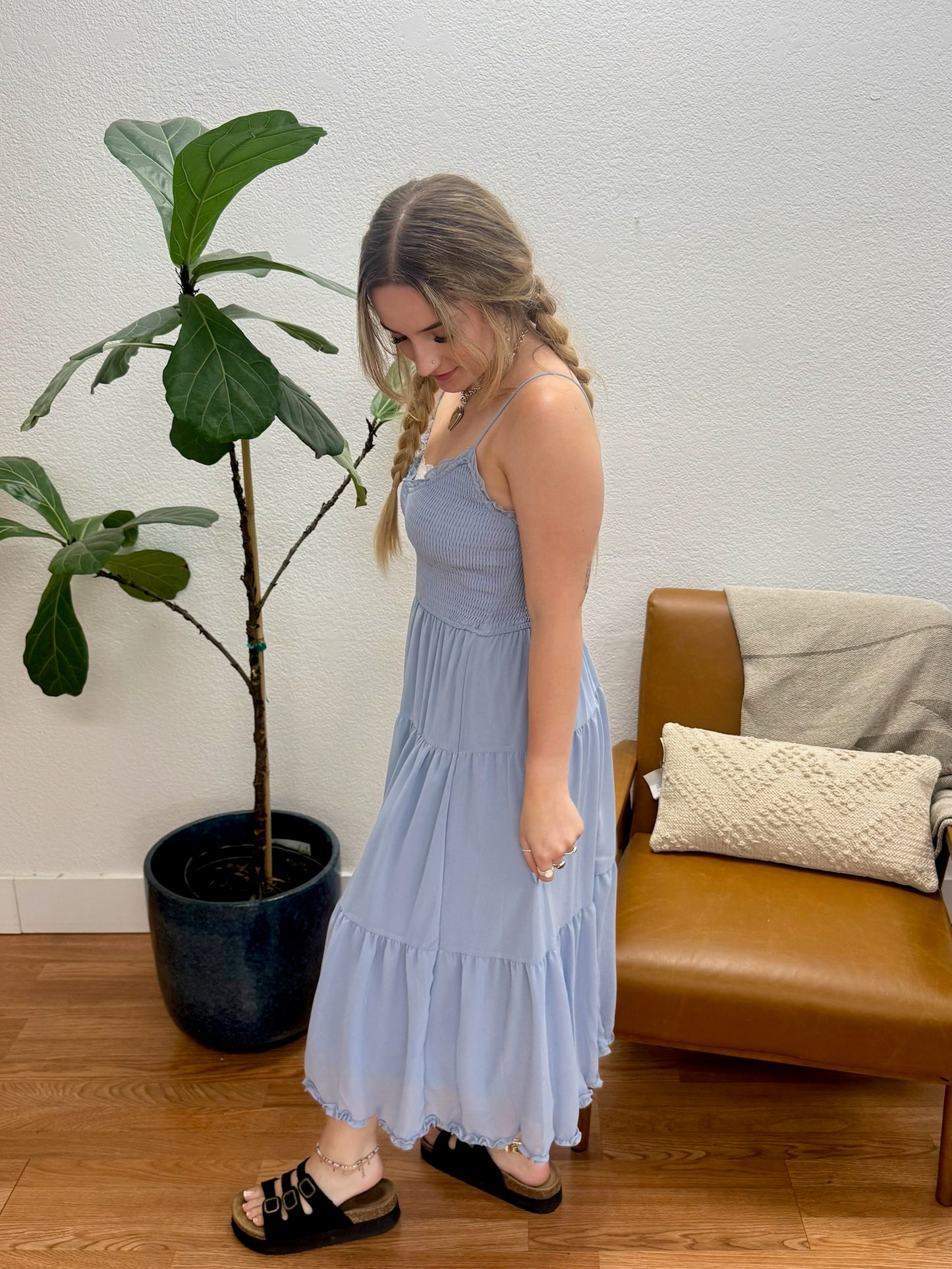 Dusty Blue Chiffon Bodice Midi Dress