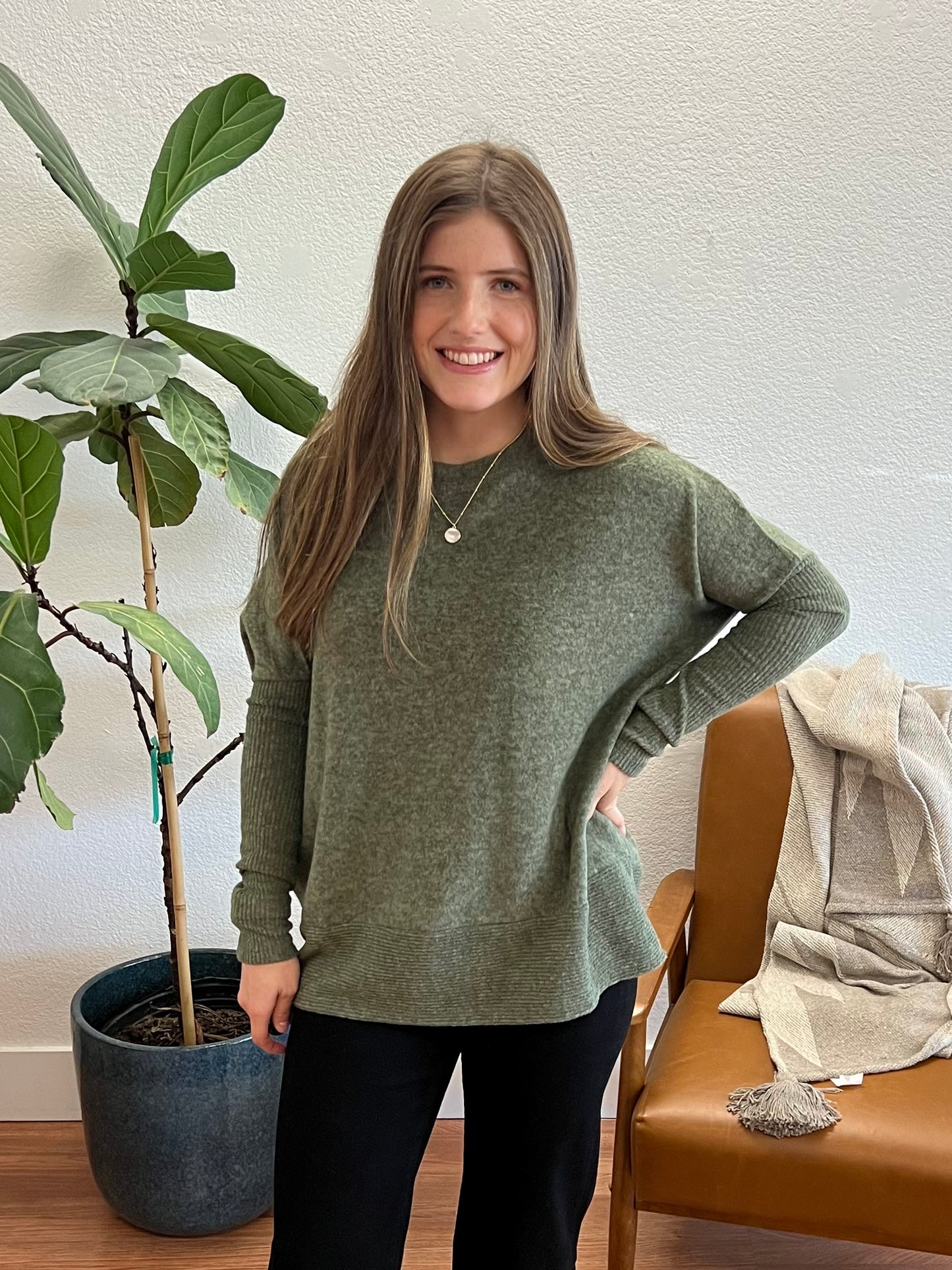 Olive Brushed Dolman Sweater