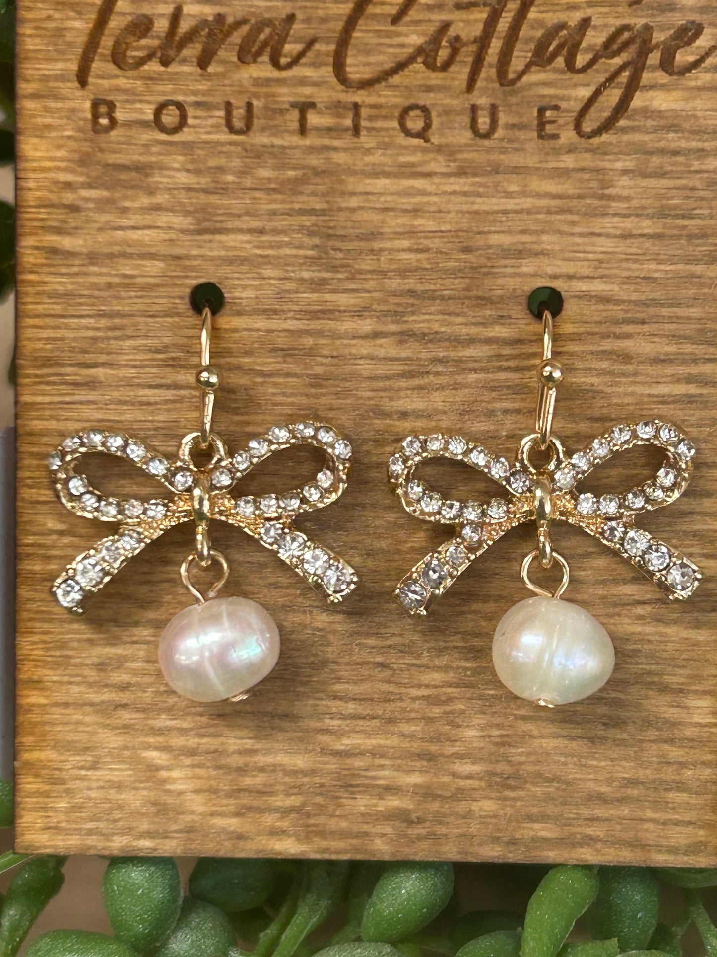 Pave Ribbon Bow And Pearl Dangle Earrings