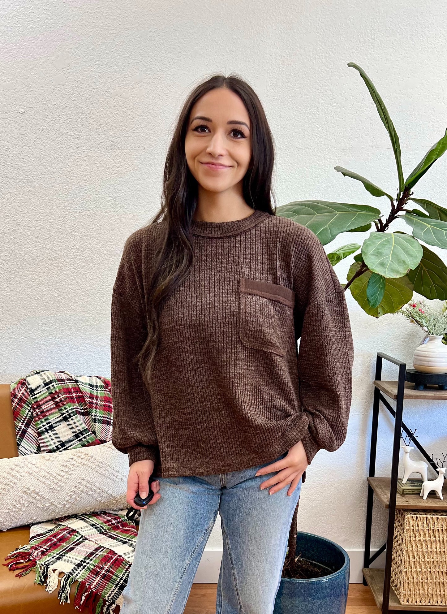 Brown Ribbed Pocket Pullover