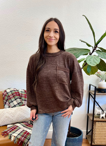 Brown Ribbed Pocket Pullover